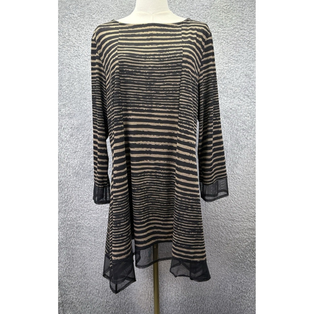 IC by Connie K Womens XL Tunic Top Black Brown Textured Lagenlook Chiffon Trim